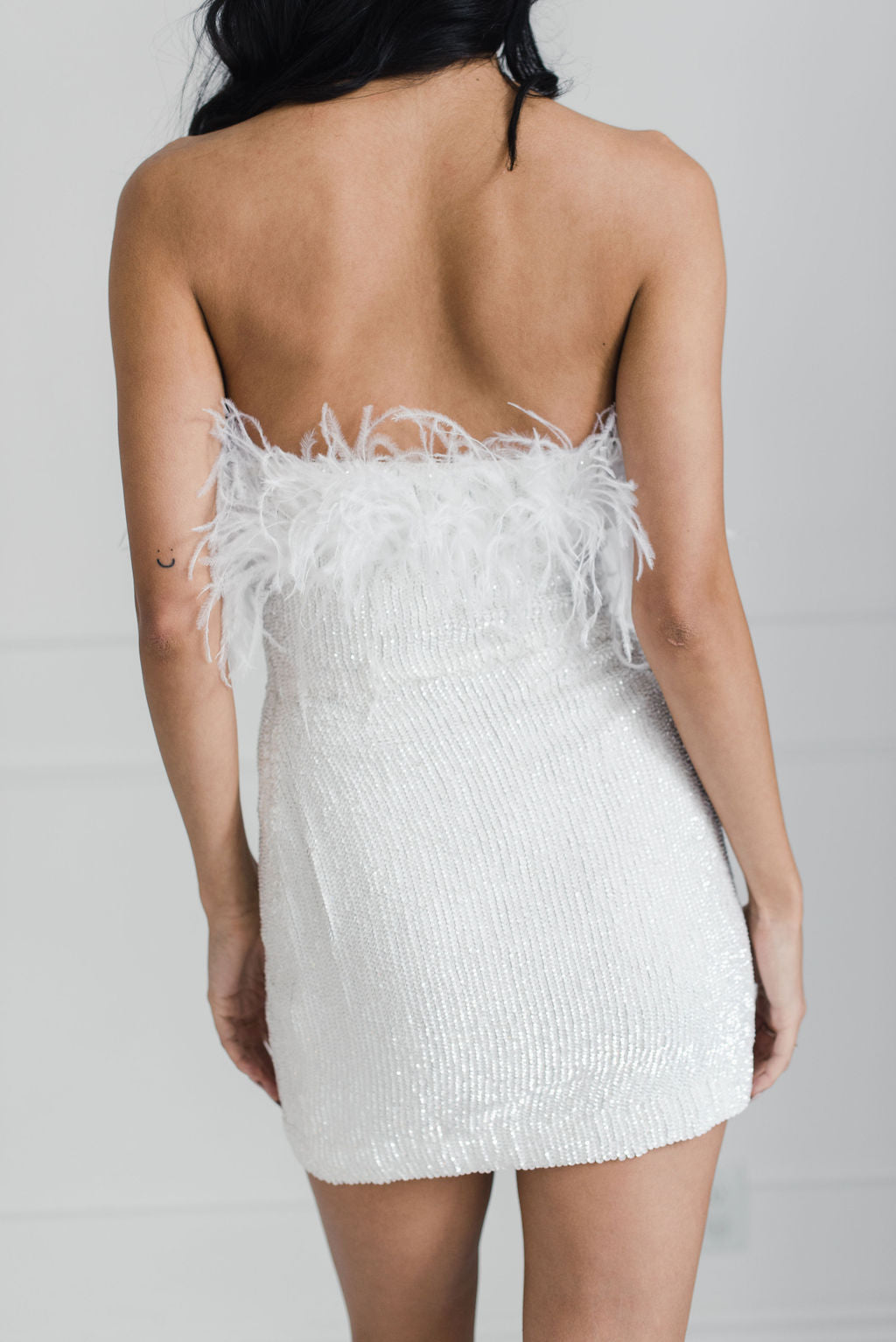 RENT- retrofete Torin Sequin Feather Mini Dress- White