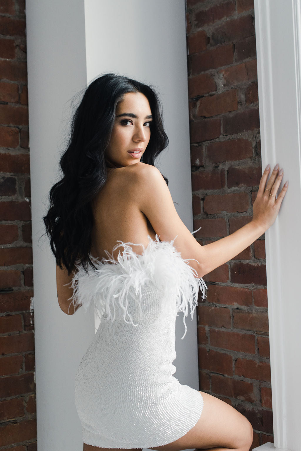 retrofete Torin Sequin Feather Mini Dress- White THE AFTERWHITE