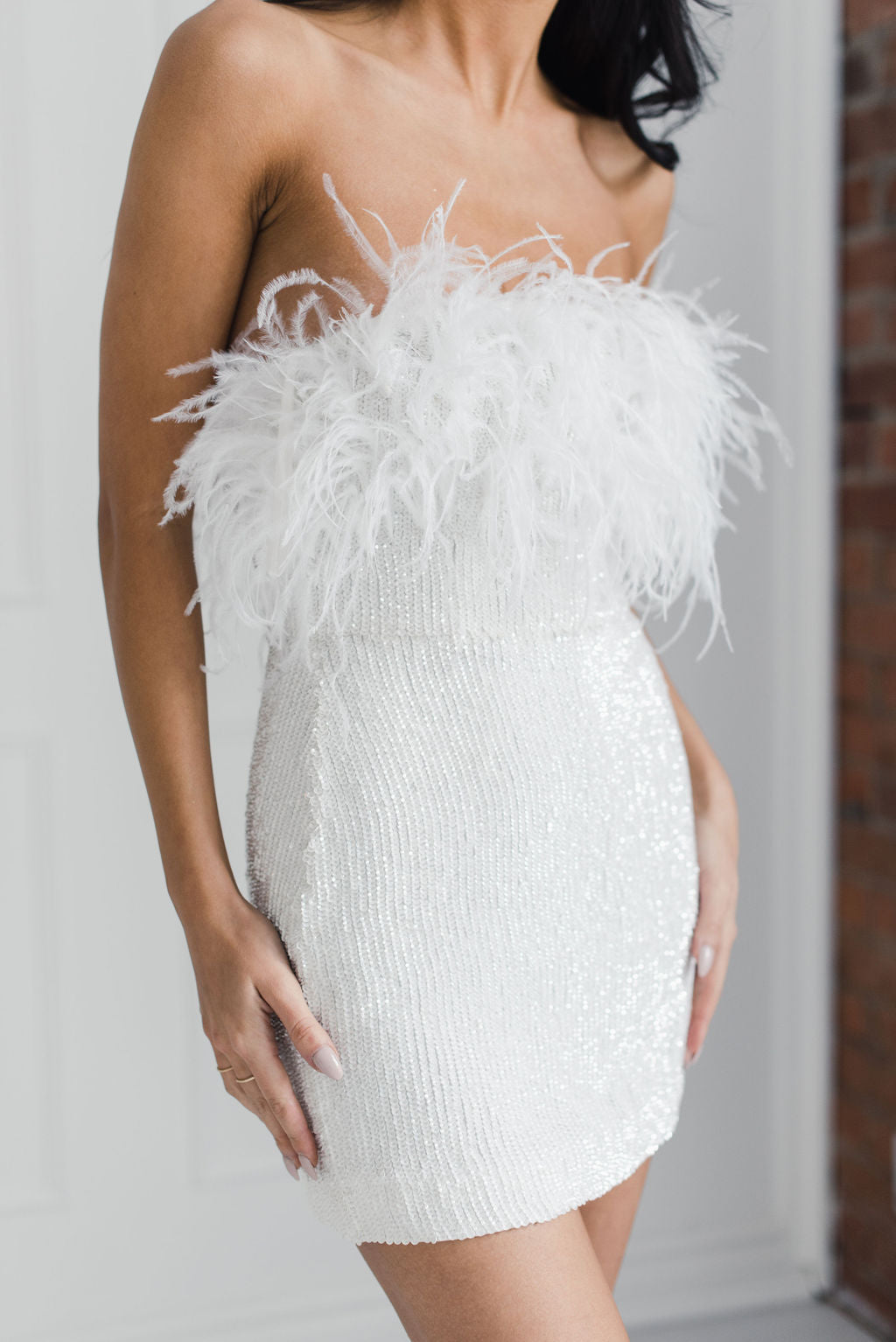 retrofete Torin Sequin Feather Mini Dress- White